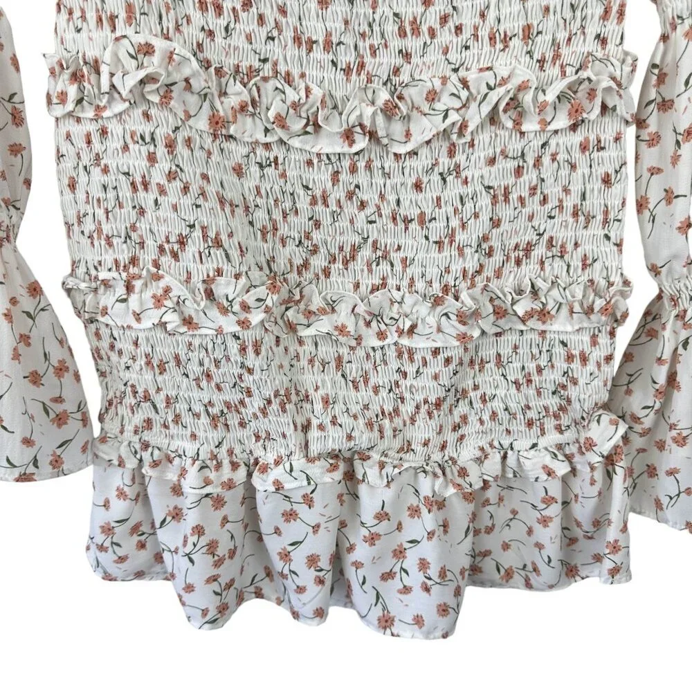 SABO SKIRT Shirred Lule Ruched Dress Sz S Floral Tiered Off The Shoulder Ruffle - Picture 9 of 14